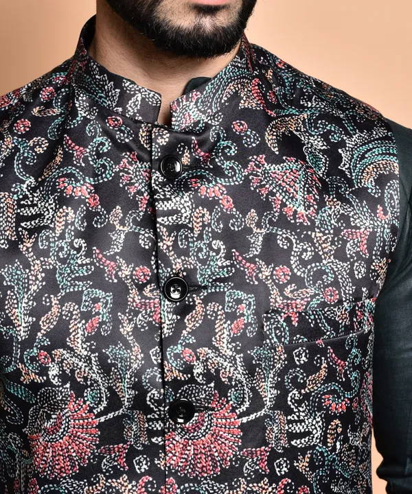 Men's_Black_Kurta_With_Floral_Print_Nehru_Jacket_And_White_Churidar_Set
