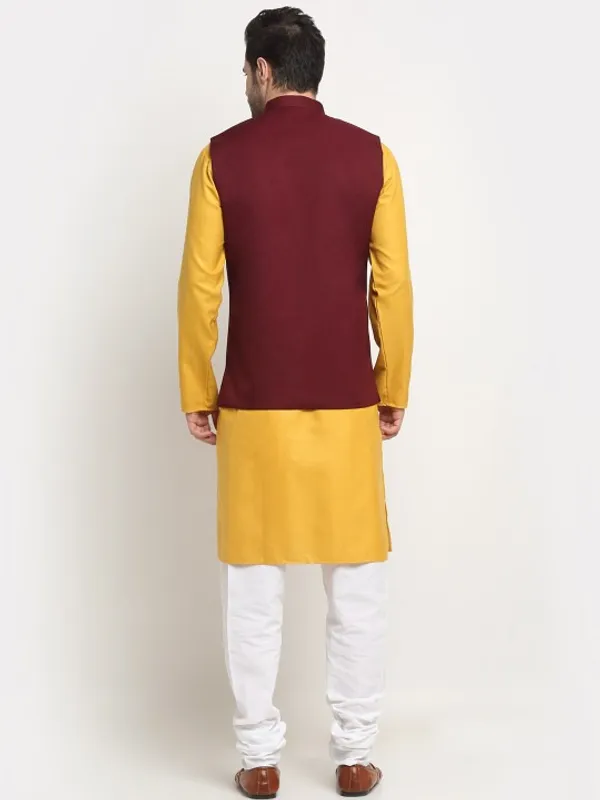 Men's_Ethnic_Kurta_Pajama_With_Nehru_Jacket_Set_-_Mustard_Yellow_And_Maroon