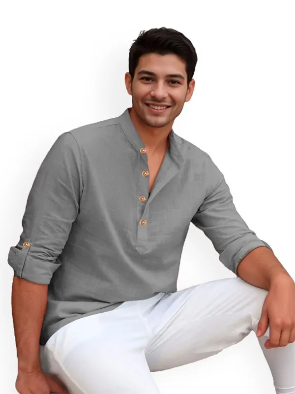 Grey_Mandarin_Collar_Full_Sleeve_Casual_Shirt_For_Men