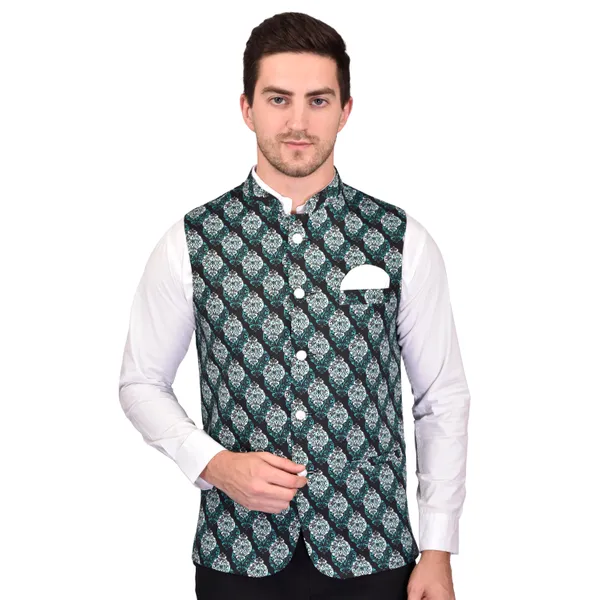 Men's_Green_Printed_Nehru_Jacket_With_White_Pocket_Square