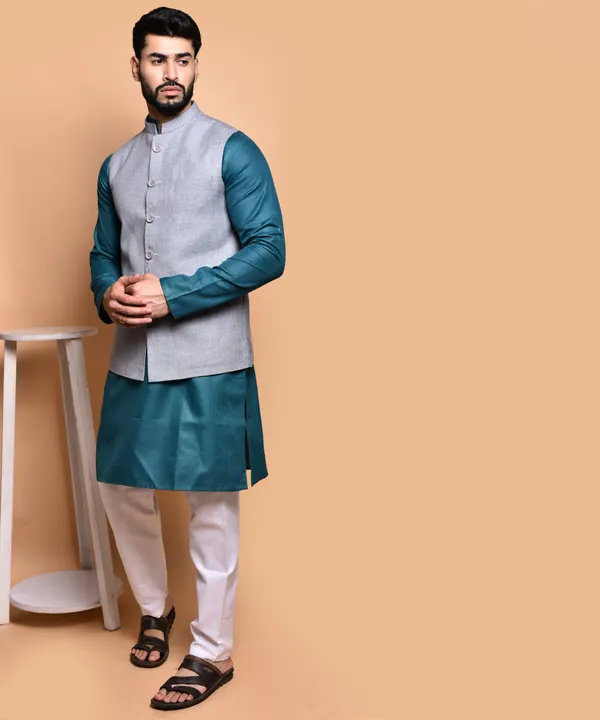 Grey_Linen_Nehru_Jacket_With_Teal_Kurta_Set_For_Men