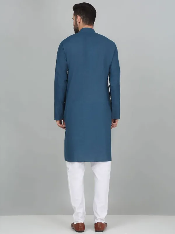 Men's_Blue_Solid_Cotton_Kurta_With_Mandarin_Collar