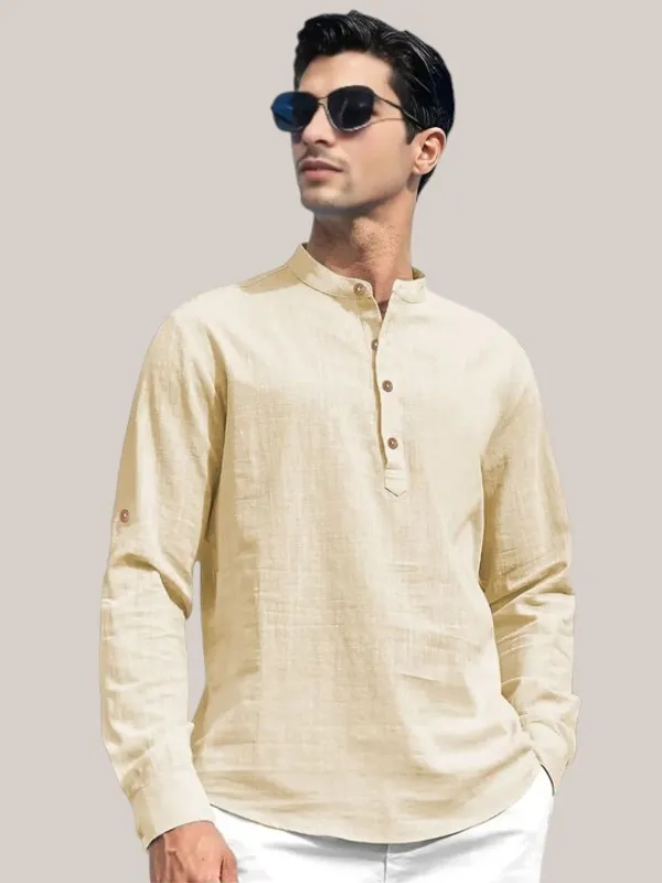 Men's_Cream_Linen_Kurta_With_Mandarin_Collar_And_Wooden_Buttons