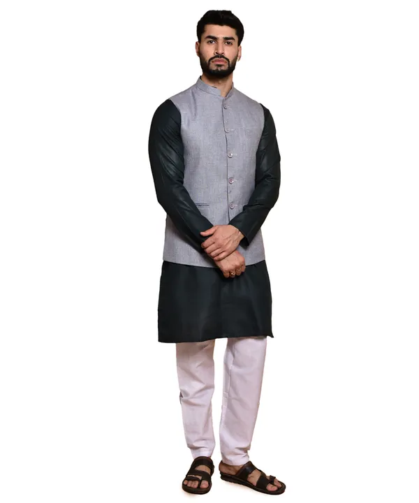 Men's_Grey_Linen_Nehru_Jacket_With_Black_Kurta_Pajama_Set
