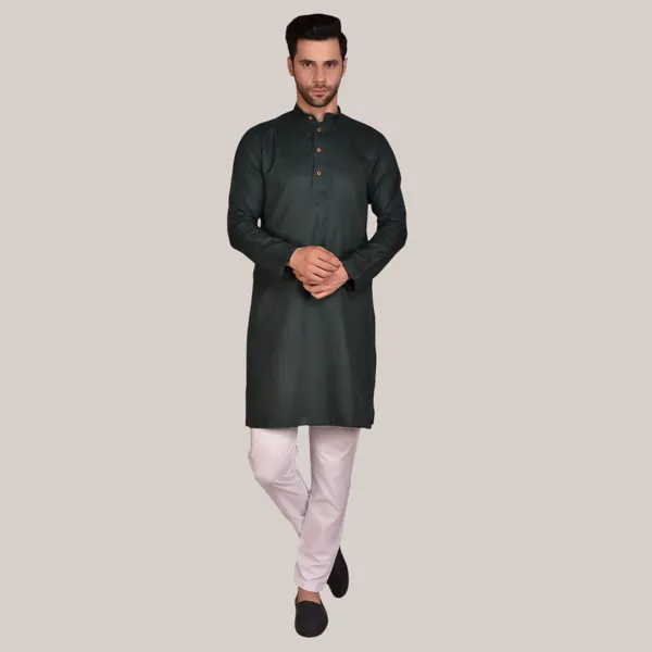 Men's_Dark_Green_Solid_Kurta_With_White_Churidar_Set_-_Traditional_Ethnic_Wear