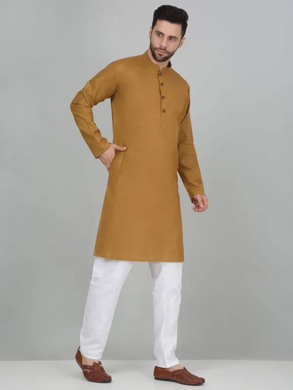 Mustard_Yellow_Cotton_Kurta_Pajama_Set_For_Men