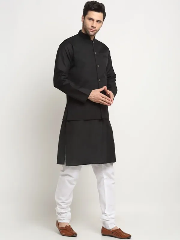 Men's_Black_Kurta_Set_With_Jacket_And_White_Churidar