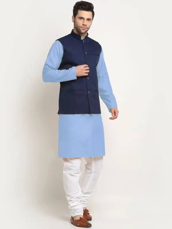 Men's_Traditional_Ethnic_Wear_Set_-_Navy_Blue_Nehru_Jacket_With_Sky_Blue_Kurta_And_White_Churidar
