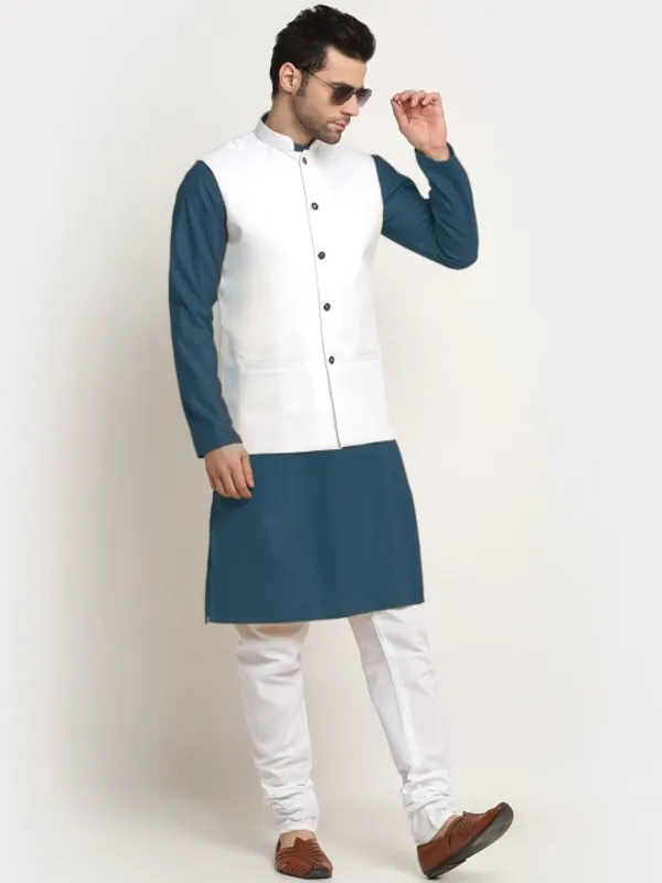 Men's_White_Nehru_Jacket_With_Teal_Blue_Kurta_Pajama_Set