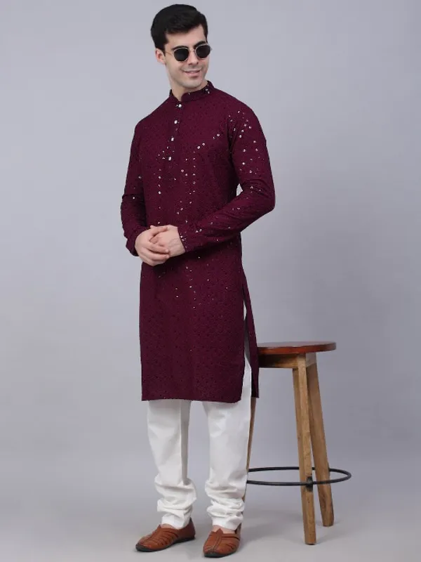 Maroon_Embellished_Kurta_For_Men_-_Ethnic_Wear_With_Sequin_Work