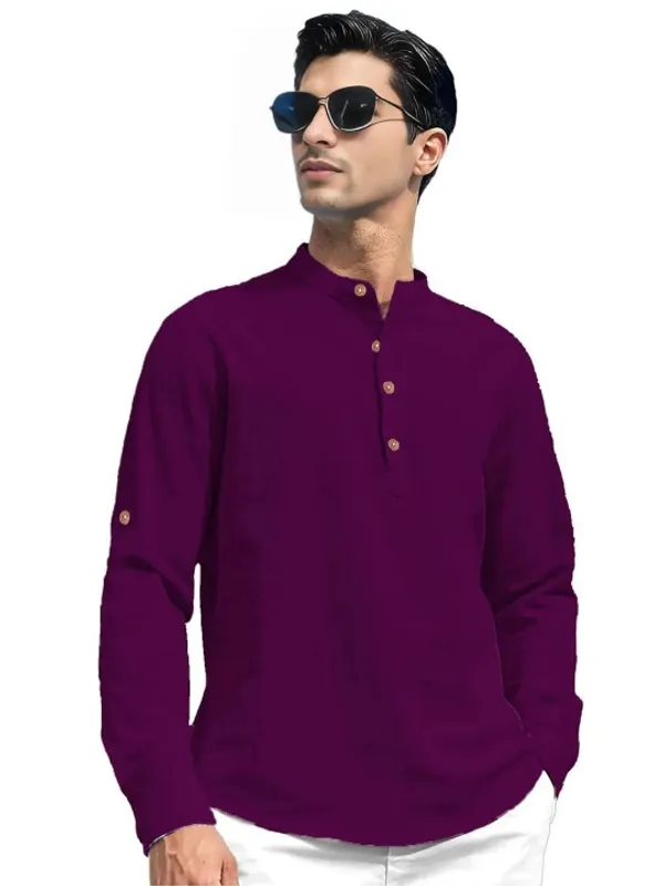 Men's_Maroon_Long_Sleeve_Cotton_Shirt_With_Mandarin_Collar