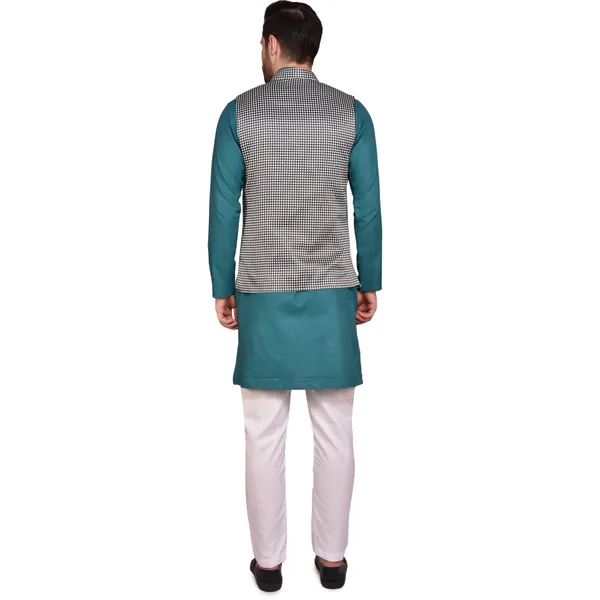 Men's_Teal_Kurta_Pajama_With_Checkered_Nehru_Jacket_Set