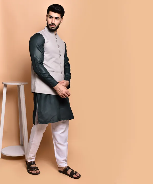 Men's_Beige_Nehru_Jacket_With_Black_Kurta_And_White_Churidar_Set_-_Ethnic_Wear_Combo