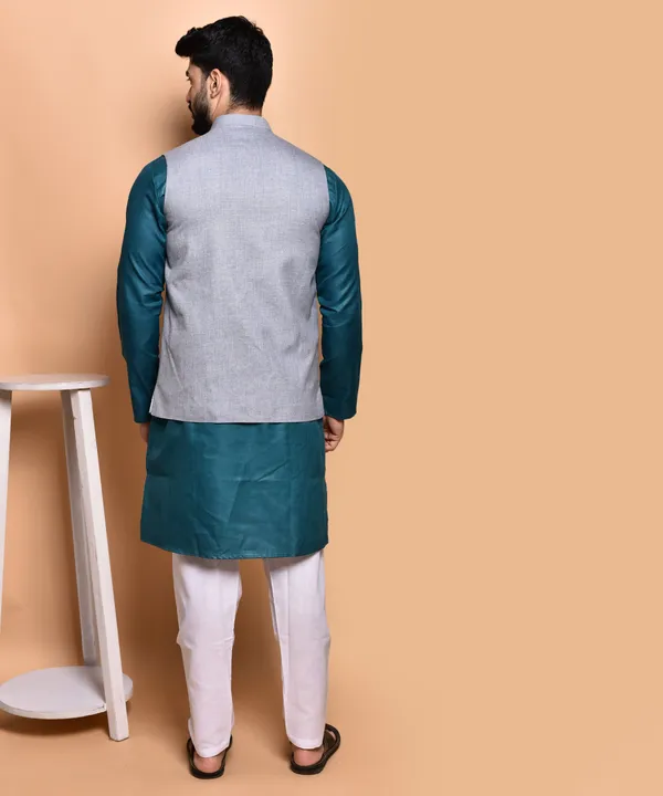 Grey_Linen_Nehru_Jacket_With_Teal_Kurta_Set_For_Men
