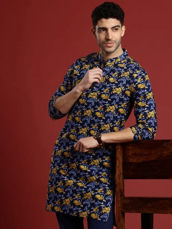 Men's_Navy_Blue_Floral_Printed_Kurta_With_Pajama_Set