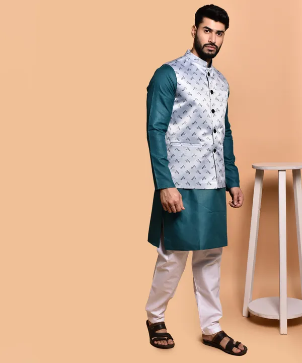 Men's_Ethnic_Nehru_Jacket_Set_-_Teal_Kurta_With_Grey_Printed_Waistcoat