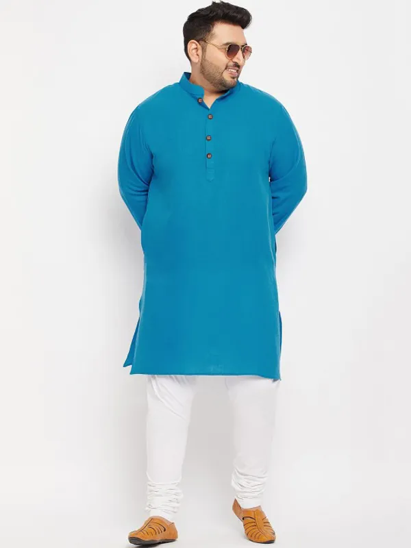 Men's_Turquoise_Blue_Cotton_Kurta_With_Mandarin_Collar_And_Wooden_Buttons