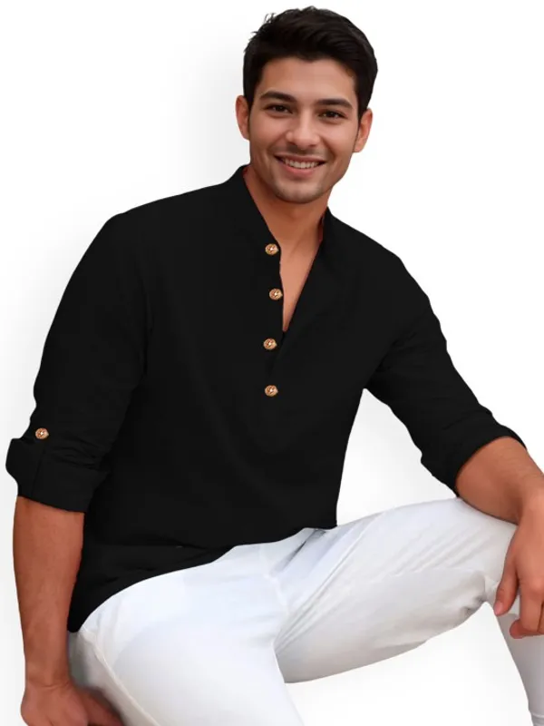Men's_Black_Full_Sleeve_Cotton_Shirt_With_Button_Placket_And_Roll-Up_Sleeves