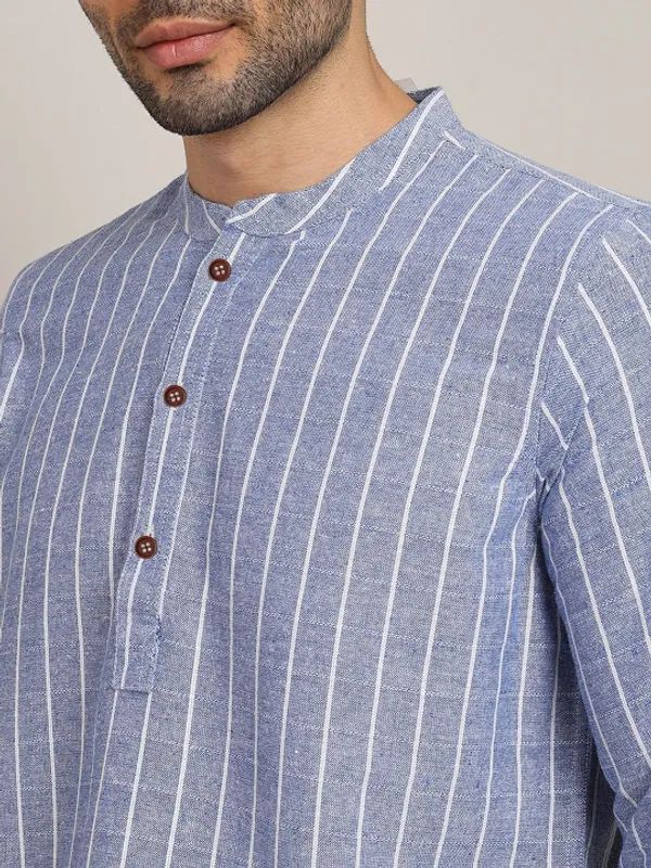 Men's_Blue_Striped_Long_Sleeve_Cotton_Kurta_With_Mandarin_Collar
