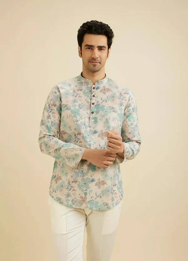 Men's_Floral_Print_Mandarin_Collar_Short_Kurta_-_Pastel_Multi-Color