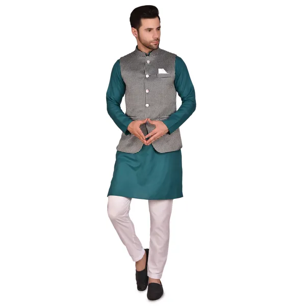 Men's_Teal_Kurta_Pajama_With_Checkered_Nehru_Jacket_Set