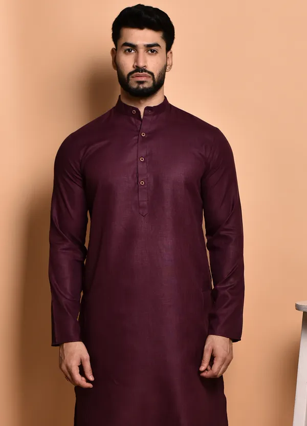 Men's_Maroon_Long_Kurta_With_Mandarin_Collar