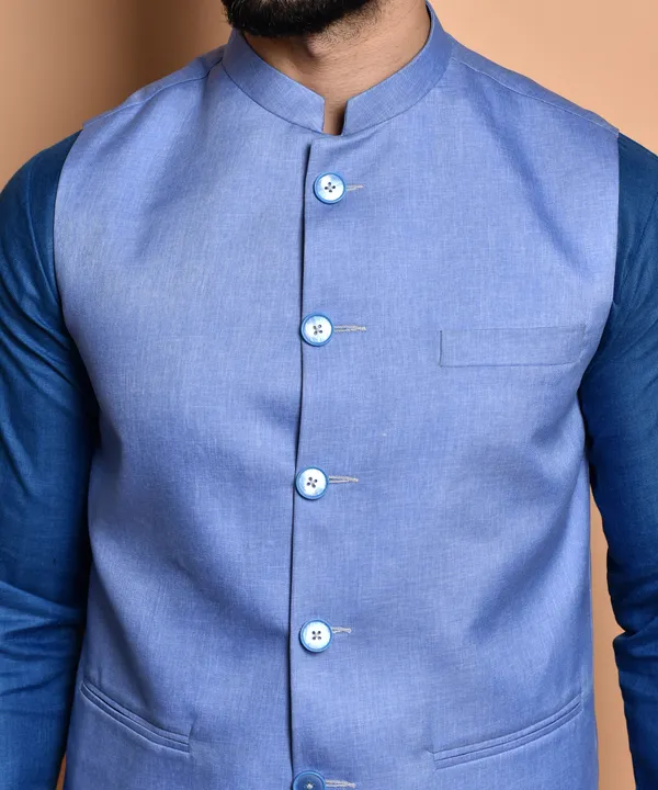 Men's_Blue_Cotton_Blend_Nehru_Jacket_With_Kurta_Set