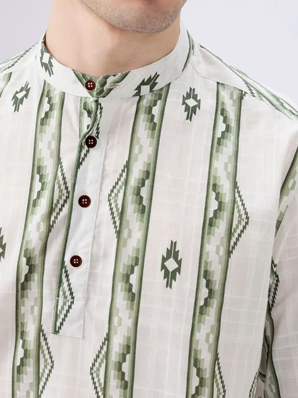 Men's_White_And_Green_Vertical_Striped_Mandarin_Collar_Shirt