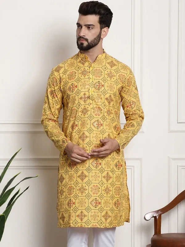 Men's_Yellow_Printed_Cotton_Kurta