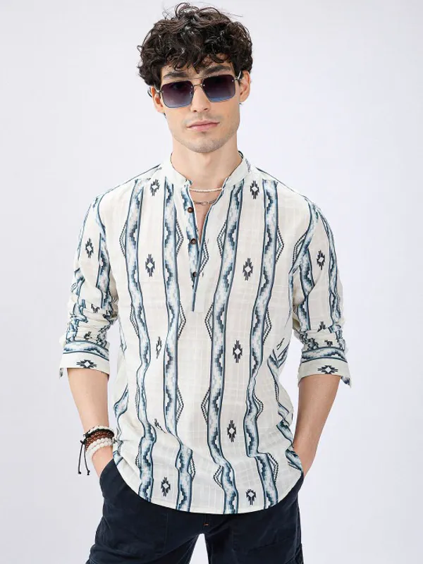 Men's_White_&_Blue_Aztec_Print_Long_Sleeve_Casual_Shirt