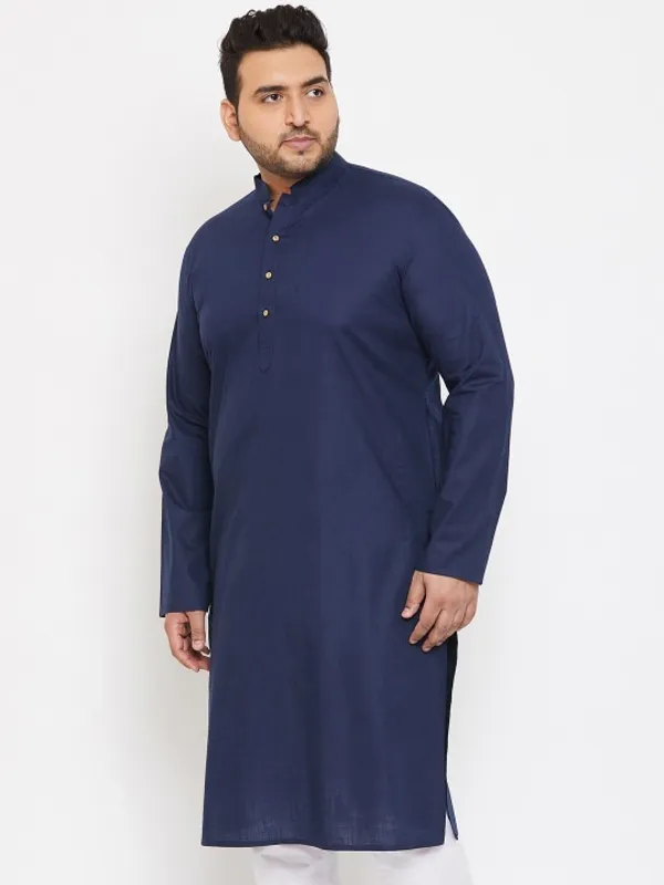 Men's_Navy_Blue_Solid_Cotton_Kurta_With_Mandarin_Collar