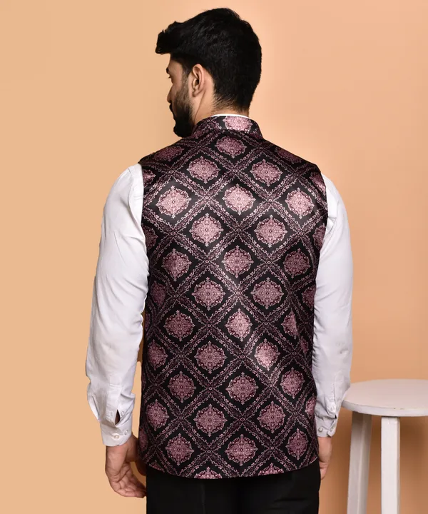 Men's_Ethnic_Nehru_Jacket_With_Printed_Geometric_Design_-_Pink_And_Black