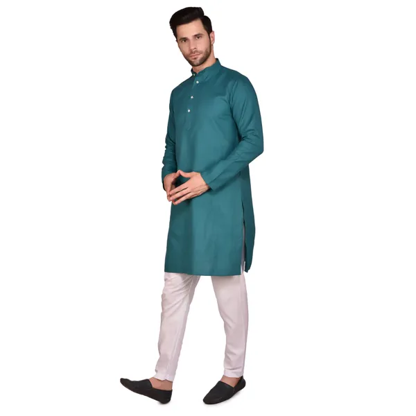 Men's_Teal_Blue_Cotton_Kurta_With_White_Pajama_Set_-_Ethnic_Wear