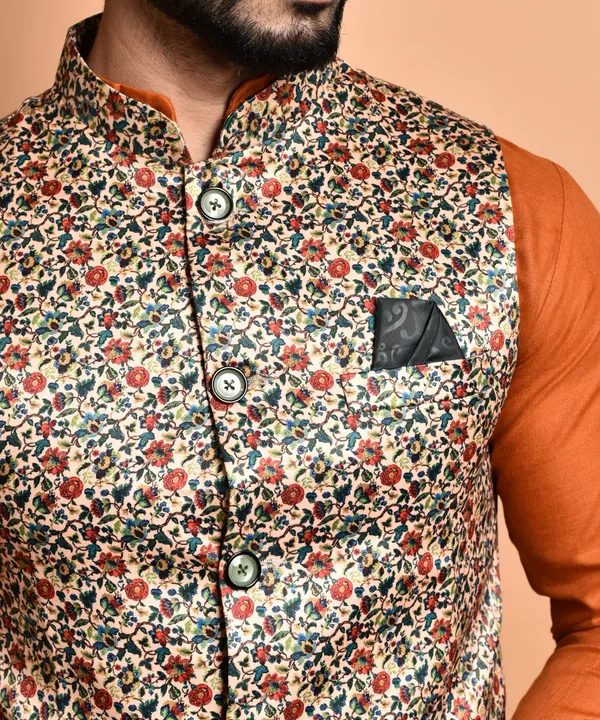 Orange_Kurta_With_Floral_Print_Nehru_Jacket_And_White_Churidar_Set