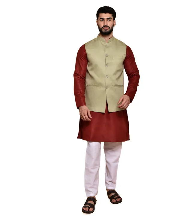 Men's_Ethnic_Kurta_Pajama_Set_With_Nehru_Jacket_-_Maroon_And_Beige