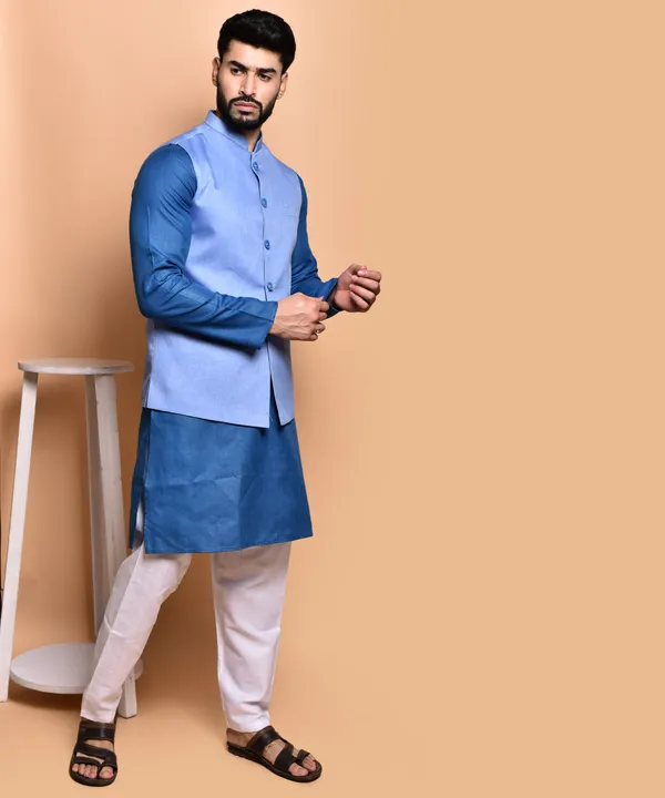 Men's_Blue_Cotton_Blend_Nehru_Jacket_With_Kurta_Set