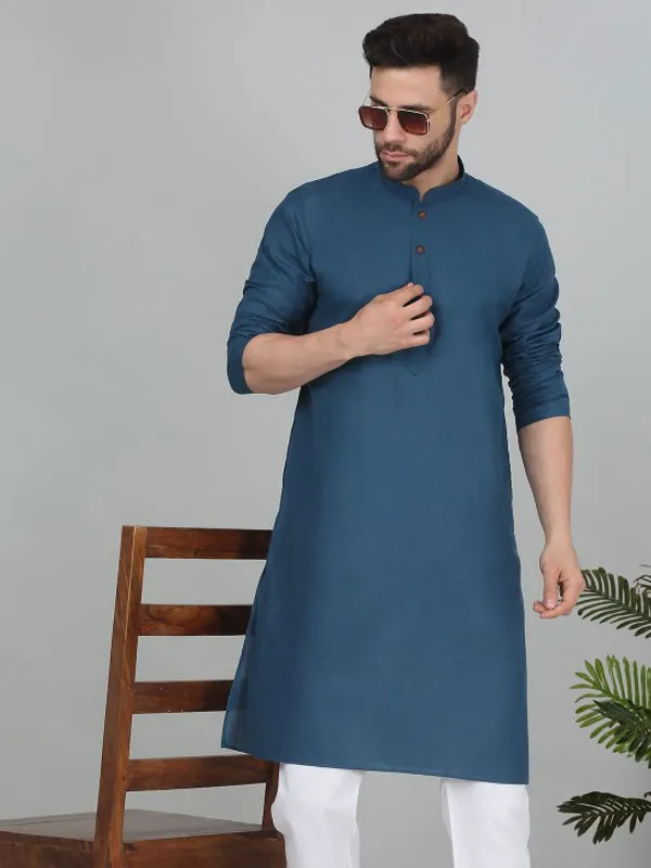 Men's_Blue_Solid_Cotton_Kurta_With_Mandarin_Collar