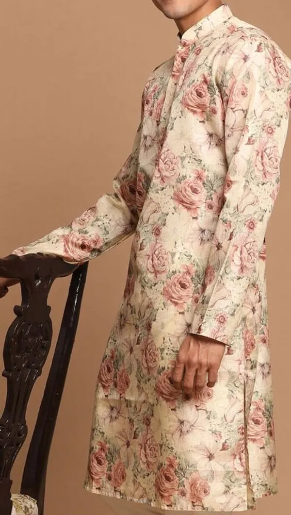 Floral_Print_Men's_Kurta_-_Cream_With_Pink_Rose_Pattern