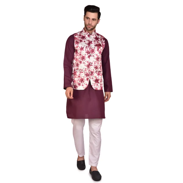 Men's_Maroon_Kurta_With_Floral_Printed_Nehru_Jacket_And_White_Churidar_Set