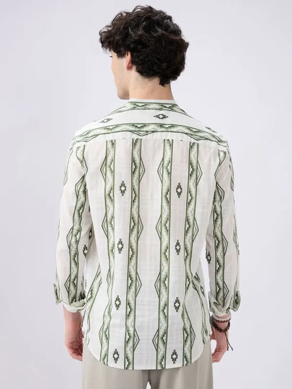 Men's_White_And_Green_Vertical_Striped_Mandarin_Collar_Shirt
