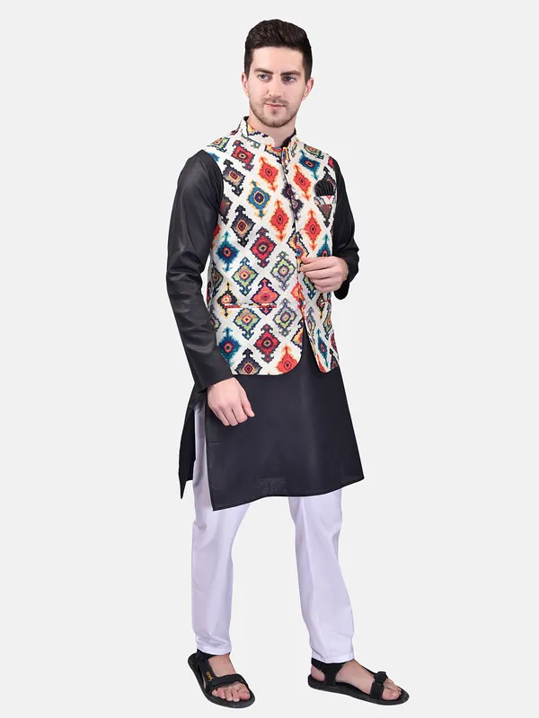 Men's_Black_Kurta_With_Multicolor_Printed_Nehru_Jacket_And_White_Pajama_Set