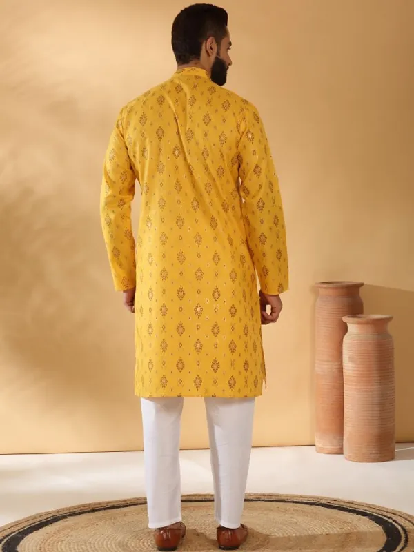 Men's_Yellow_Printed_Cotton_Kurta