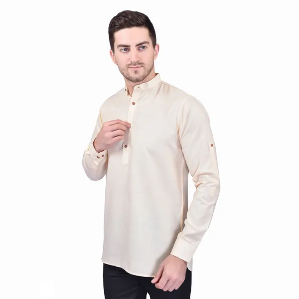 Men's_Beige_Cotton_Short_Kurta_With_Mandarin_Collar