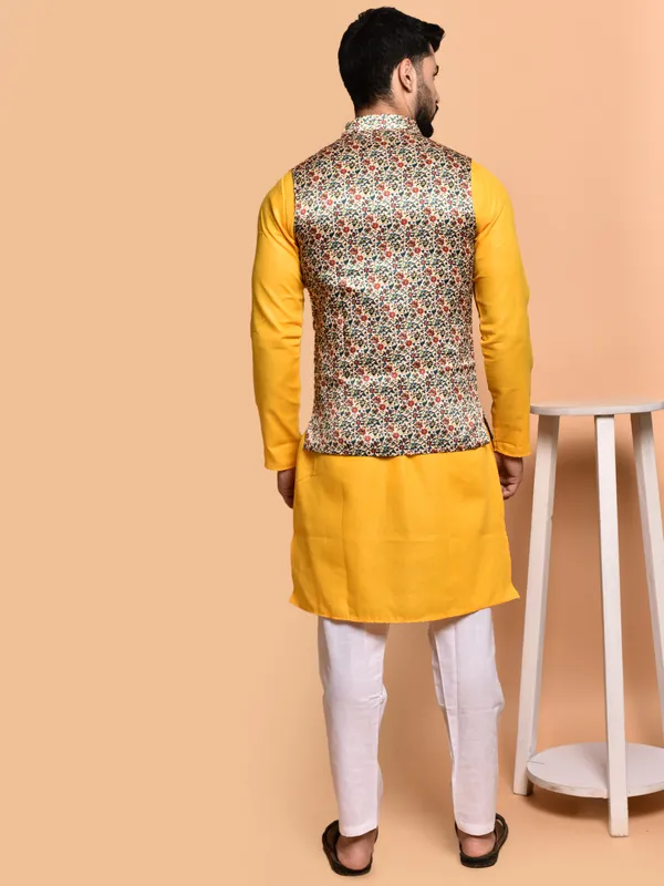 Yellow_Kurta_With_Floral_Printed_Nehru_Jacket_Set_For_Men