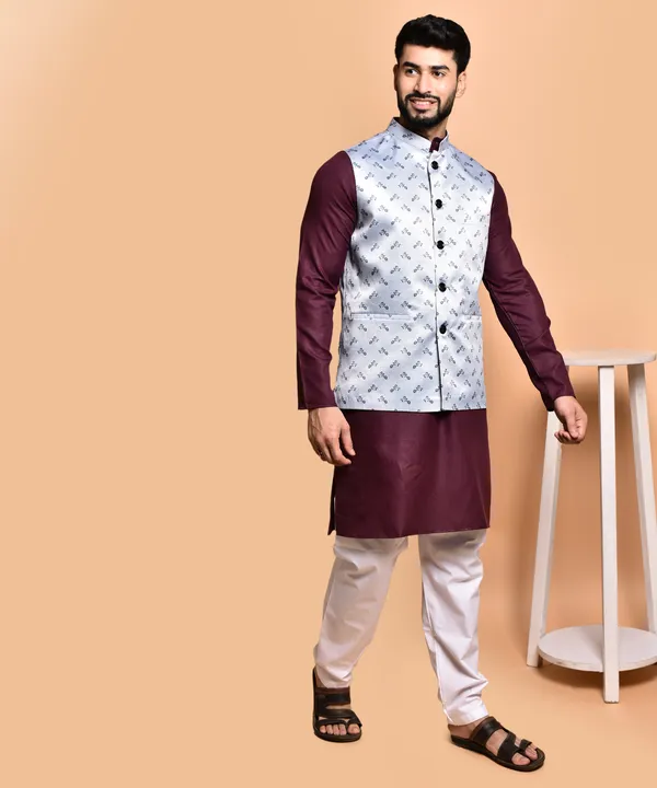 Men's_Ethnic_Kurta_Pajama_Set_With_Printed_Nehru_Jacket_-_Maroon_&_White