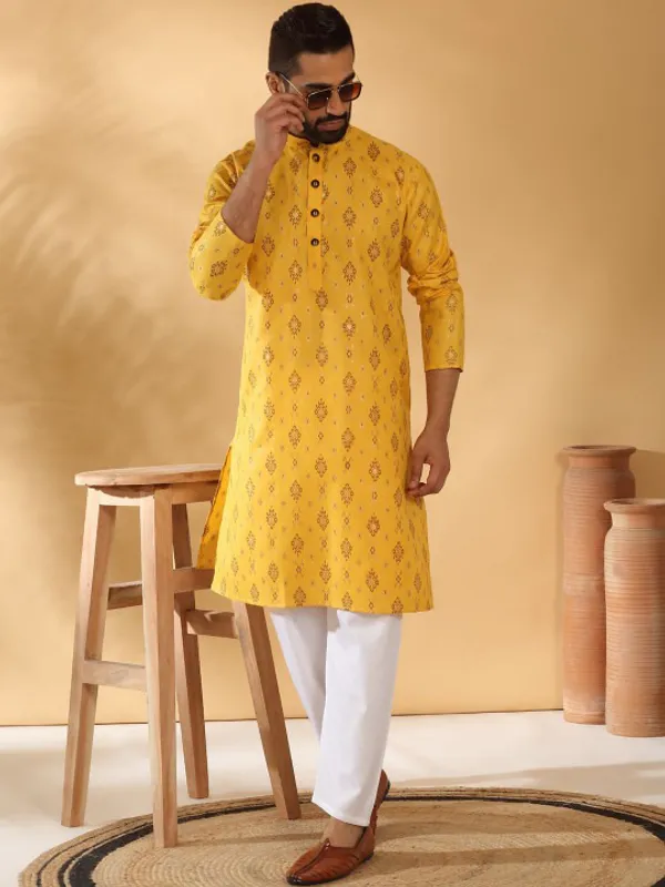 Men's_Yellow_Printed_Cotton_Kurta