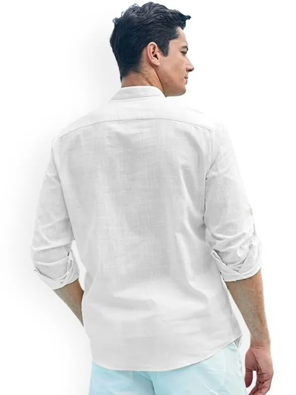 Men's_White_Linen_Kurta_With_Mandarin_Collar_And_Button_Details