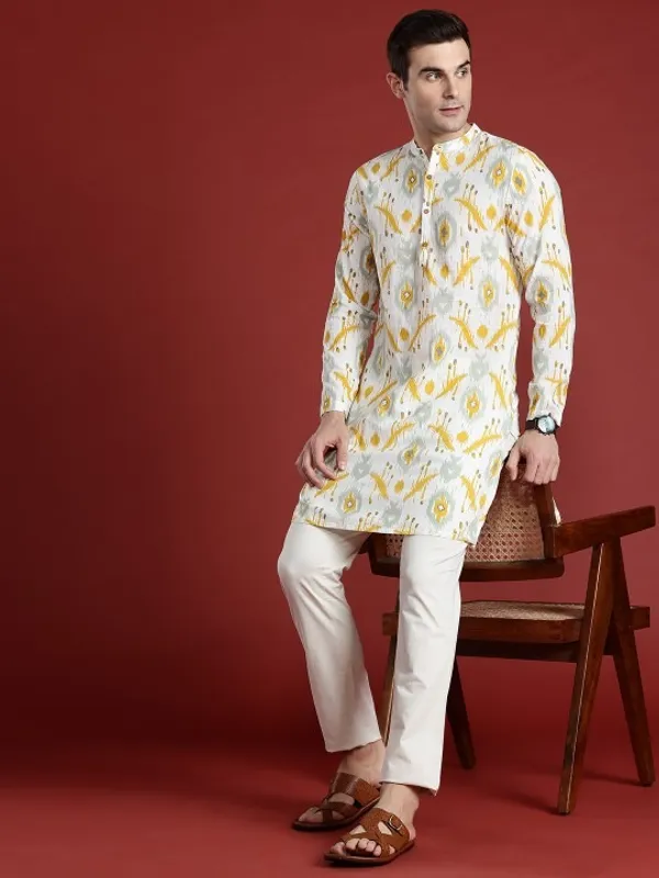 Men's_White_Ethnic_Kurta_With_Yellow_Floral_Ikat_Print