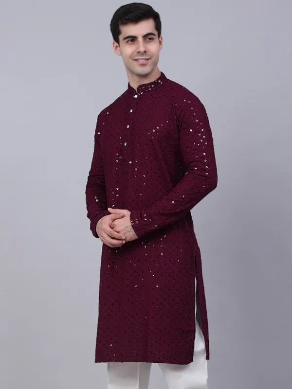 Maroon_Embellished_Kurta_For_Men_-_Ethnic_Wear_With_Sequin_Work