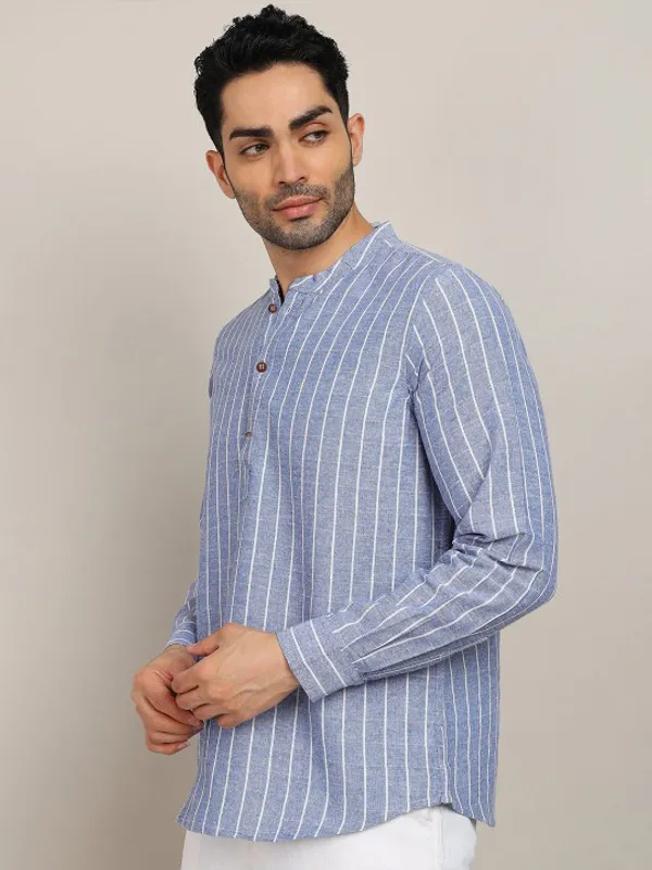 Men's_Blue_Striped_Long_Sleeve_Cotton_Kurta_With_Mandarin_Collar